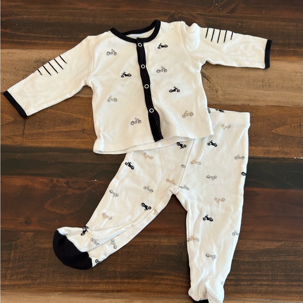 Petit Lem Cream and Black Baby Romper with Bicycle Detail